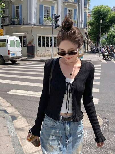 女士休闲通勤约会荷叶边系带黑色长袖薄针织开衫，春夏款