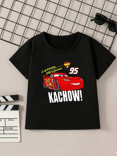  Camiseta para niños de 4 a 12 años de 100% algodón, cuello redondo y manga corta, excelente calidad, cómoda y suave al tacto, con estampado Original de DISNEY con diseño de "Cars La película", Rayo Mcqueen, coche Deportivo Rojo 95