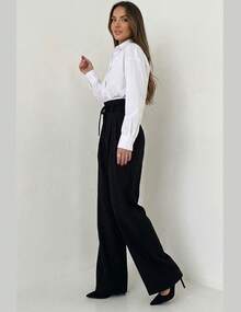 Women's High-Waisted Wide-Leg Trousers, Elegant And Comfortable, Tailored, With Belt And Tie Closure, Suitable For Office Wear In All Seasons. - 黑色 - 查看 2