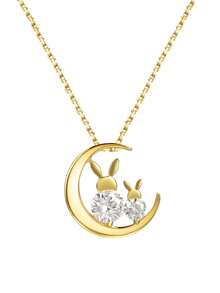 925纯银月亮兔子项链，锆石吊坠，金色，斋月礼物，开斋节快乐，日常佩戴，可爱饰品，兔子设计 - 金色 - 查看 1