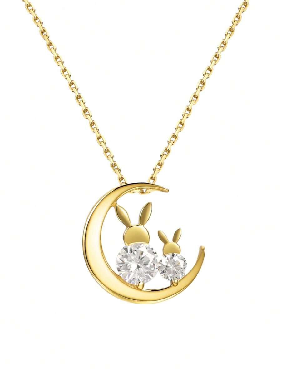 925纯银月亮兔子项链，锆石吊坠，金色，斋月礼物，开斋节快乐，日常佩戴，可爱饰品，兔子设计 - 金色 - 查看 1