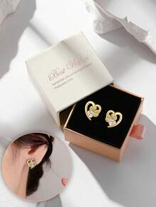 1 Pair Elegant Cubic Zirconia Inlaid Heart-Shaped Animal Paw Print Earrings, "Love And Pets" Themed Earrings, Suitable For Birthday, Anniversary, Valentine's Day Gifts - Gold - View 1