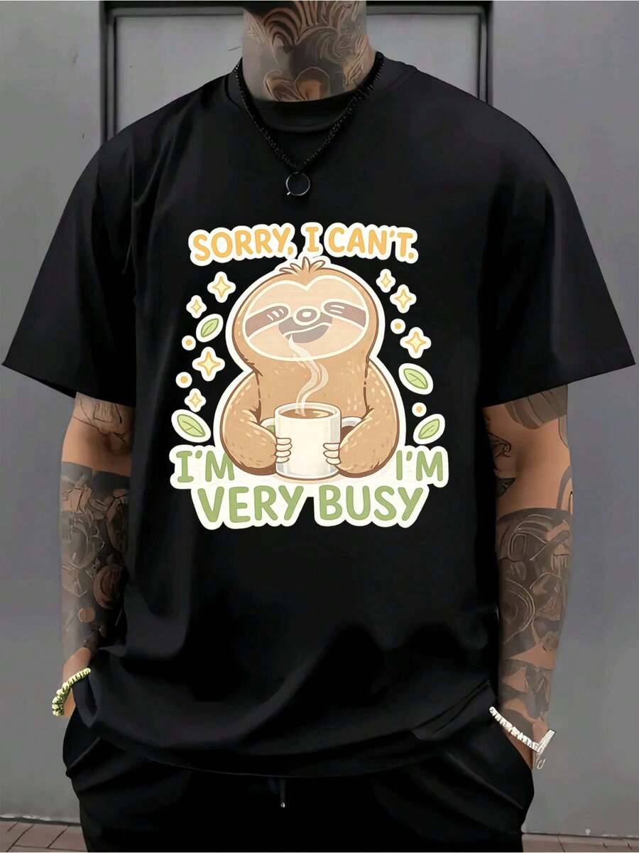 Maglietta grafica con bradipo e caffè, tessuto di qualità, vestibilità comoda, street hip-hop, comoda, design grafico - nero - Visualizzare 1