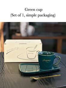 Ceramic Coffee Mug & Tea Cup Set, Gilded Asymmetrical Shape, Personalized For Home, Office, Couples Gift, Birthday Gift - Dark Green - View 10