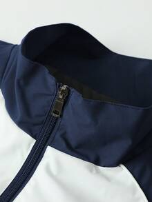 男士轻便立领字母印花街头休闲运动夹克，适合春秋季穿着，摩托车夹克，骑行夹克。 - 藏蓝色 - 查看 3