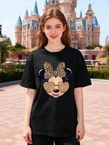 Disney Official Authorization, Women's Casual Cotton Round Neck Short Sleeve Regular Length T-Shirt With Minnie Mouse Leopard Print, Breathable And Light, Suitable For Sports And Leisure Wear, Suitable For Gifts, Suitable For Parties. - 黑色 - 查看 1