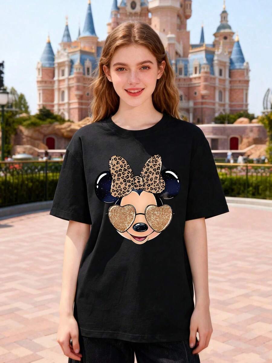Disney Official Authorization, Women's Casual Cotton Round Neck Short Sleeve Regular Length T-Shirt With Minnie Mouse Leopard Print, Breathable And Light, Suitable For Sports And Leisure Wear, Suitable For Gifts, Suitable For Parties. - 黑色 - 查看 1