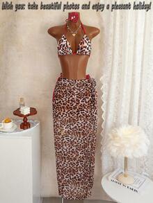 Women's Leopard Print Lace-Up Backless Swimsuit, Suitable For Vacation, Beach, Music Festival - Multicolor - View 1