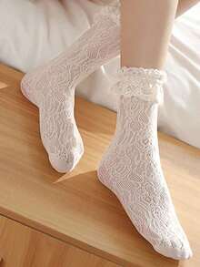 1 Pair Lace Top Mid-Calf Socks For Women, Cute Big Lace Trim, Stretchy Hollow Mesh Lolita Style Kawaii Socks - 黑色 - 查看 3