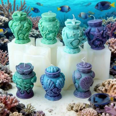 3D海洋主题硅胶蜡烛模具，浮雕海洋生物图案，适用于DIY香薰蜡烛、肥皂、树脂制品和沿海家居装饰