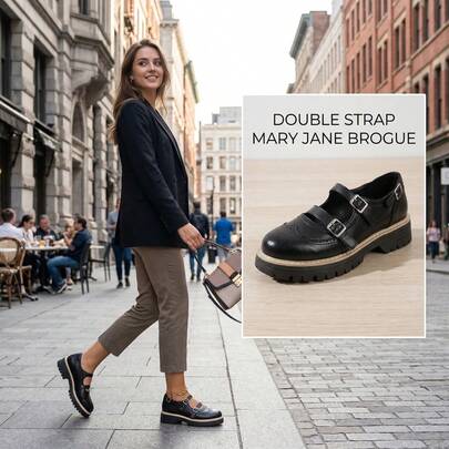 2026新款黑色英伦风乐福鞋，厚底防滑耐磨圆头单带复古玛丽珍布洛克鞋，时尚百搭平底粗跟牛津鞋，适合大码身材