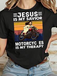 Jesus Is My Or Motorcycles Are My Therapy Vintage 's T-Shirt Cotton Top - Negro - Ver 1