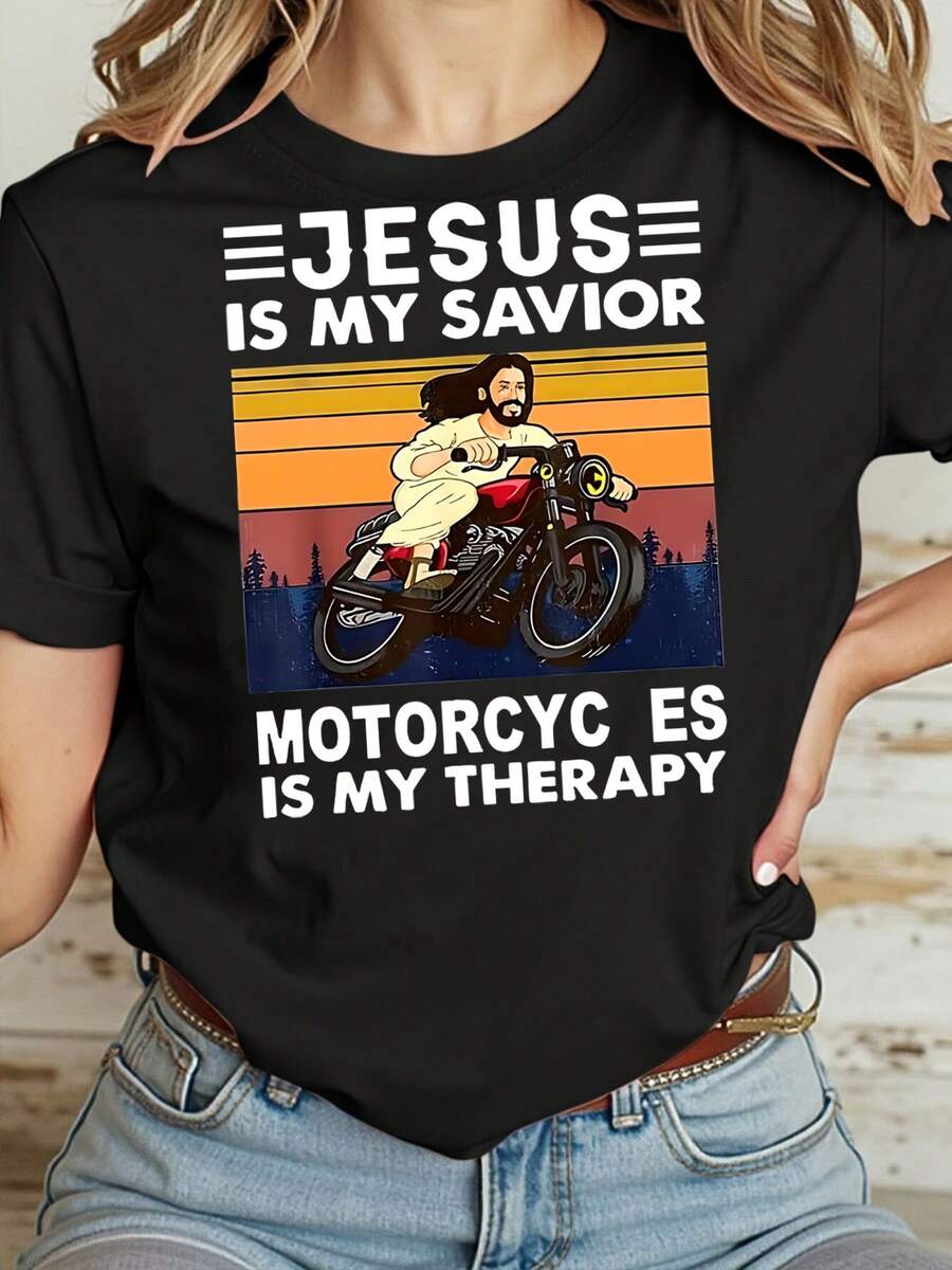 Jesus Is My Or Motorcycles Are My Therapy Vintage 's T-Shirt Cotton Top - Negro - Ver 1