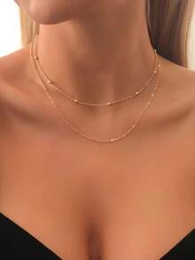 1pc Women's Gold Metal Minimalist Double-Layer Necklace, Suitable For All Seasons, Casual, Versatile - Gold - View 3
