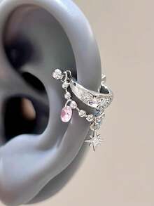 1pc 316L Stainless Steel Star & Cubic Zirconia Dangle Helix Earring, Y2K Punk Style Cartilage Piercing Jewelry For Women - Silver - View 2