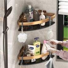 Juego de 2 estanterías de esquina para baño estante ducha de aluminio espacial con 4 ganchos organizador de ducha de gran capacidad sin taladro adecuado para baño cocina. Triángulo negro dorado - Oro2Rectángulo - Ver 1