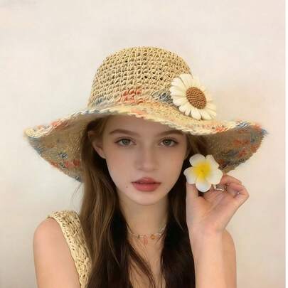 Sombrero de ala ancha con estampado floral para mujer - Protección solar UPF 50+, sombrero de verano transpirable para vacaciones costeras y viajes (multicolor, margarita), estilo bohemio, sombrero de sol, sombrero para boda, sombrero de mujer, sombrero de cubo de mujer
