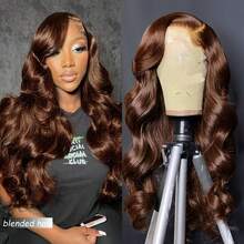 180 Density 10-36Inch Full Lace Wigs Human Blended Hair Glueless Pre-Pluck Brazilian Body Wave Full Transparent Lace Glueless Wig With Drawstring Invisid Strap Raw Hair For Women Brown - Brown - View 4