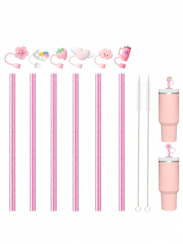 14PCS Pink Cue Straw Cover Cap Pink Straw + Brush For Cup 40 30oz Tumbler, 10mm Reusable Cute Drinking Straw Topper Accessories, Portable Protector Plugs Decorations Gifts For Party Cute Cartoon Flower Straw Dust Cover,Pink Replacement Straws For 40oz 30oz 20oz 14oz Adventure Travel Tumbler, Reusable Glitter Straws With Brush Compatible With Stanley Cup Accessories