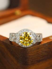1pc S925 Silver Round Yellow Moissanite Ring, Luxury Vintage Pave Design, Warm Tone Shimmering Moissanite Exudes Elegance, Suitable For Formal Occasions, Parties, Gifting For Valentine's Day, Anniversary, Birthday - 銀色 - 查看 1