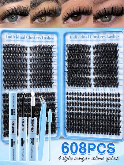 这款DIY睫毛嫁接套装包含608/544根假睫毛，D型卷翘，长度9-18毫米混合，自然逼真，柔软顺滑，浓密持久。多种款式可选。套装内含胶水、封口胶带和镊子，适合旅行、日常使用（适合初学者）、婚礼、约会、派对、度假等场合，也是圣诞节/万圣节/送礼的绝佳选择。