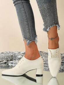 French Retro Square Toe Lace-Up Thick Heel Loafers, Spring New Casual Versatile British Style Leather Shoes For Women - Beige - View 3