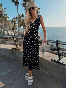 Women's Sleeveless Polka Dot Dress, V-Neck Lace Trim Woven Fabric, Non-Stretch Flowy Long Dress, Summer Dress, Summer Polka Dot Dress, Vacation Dress - Black and White - View 7