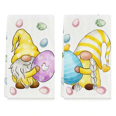 2pcs Easter Dishcloths, Egg Gnome Kitchen Towels, Seasonal Spring Decor Hand Towels, Tea Towels For Kitchen Decoration, Suitable For Drying Hands And Cooking, Machine Washable, Modern Farmhouse Style