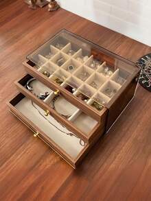 Caja de joyería de acrílico transparente de tres capas, caja de almacenamiento de acrílico de madera, caja de almacenamiento de joyería de gran capacidad, caja de almacenamiento de joyería portátil, caja de exhibición de joyería con cajones, caja de almacenamiento de joyería para tocador, con bandeja de terciopelo ajustable, adecuada para aretes, anillos, pulseras, collares, etc., diseño de cajón grueso antidecoloración, un regalo para mujeres, caja de joyería de estilo moderno con varios cajones, diseño antidecoloración, una opción ideal para el almacenamiento y la organización. - Multicolor - Ver 6