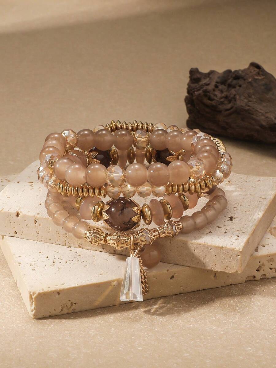4件套波西米亚水晶玻璃珠手链套装，适合日常、休闲、海滩和度假佩戴 - 咖啡 - 查看 1