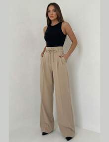 Women's High-Waisted Wide-Leg Trousers, Elegant And Comfortable, Tailored, With Belt And Tie Closure, Suitable For Office Wear In All Seasons. - 米色 - 查看 1