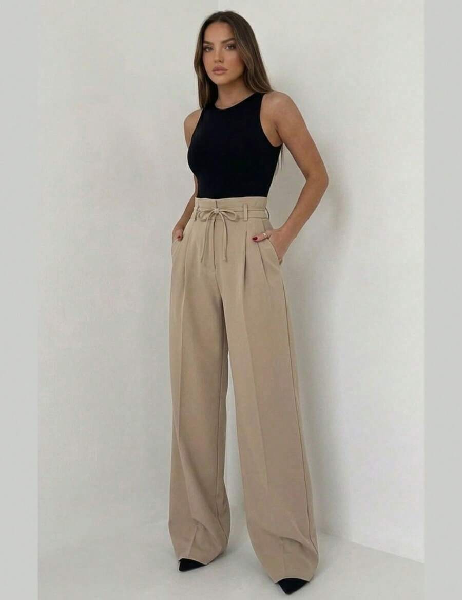 Women's High-Waisted Wide-Leg Trousers, Elegant And Comfortable, Tailored, With Belt And Tie Closure, Suitable For Office Wear In All Seasons. - 米色 - 查看 1