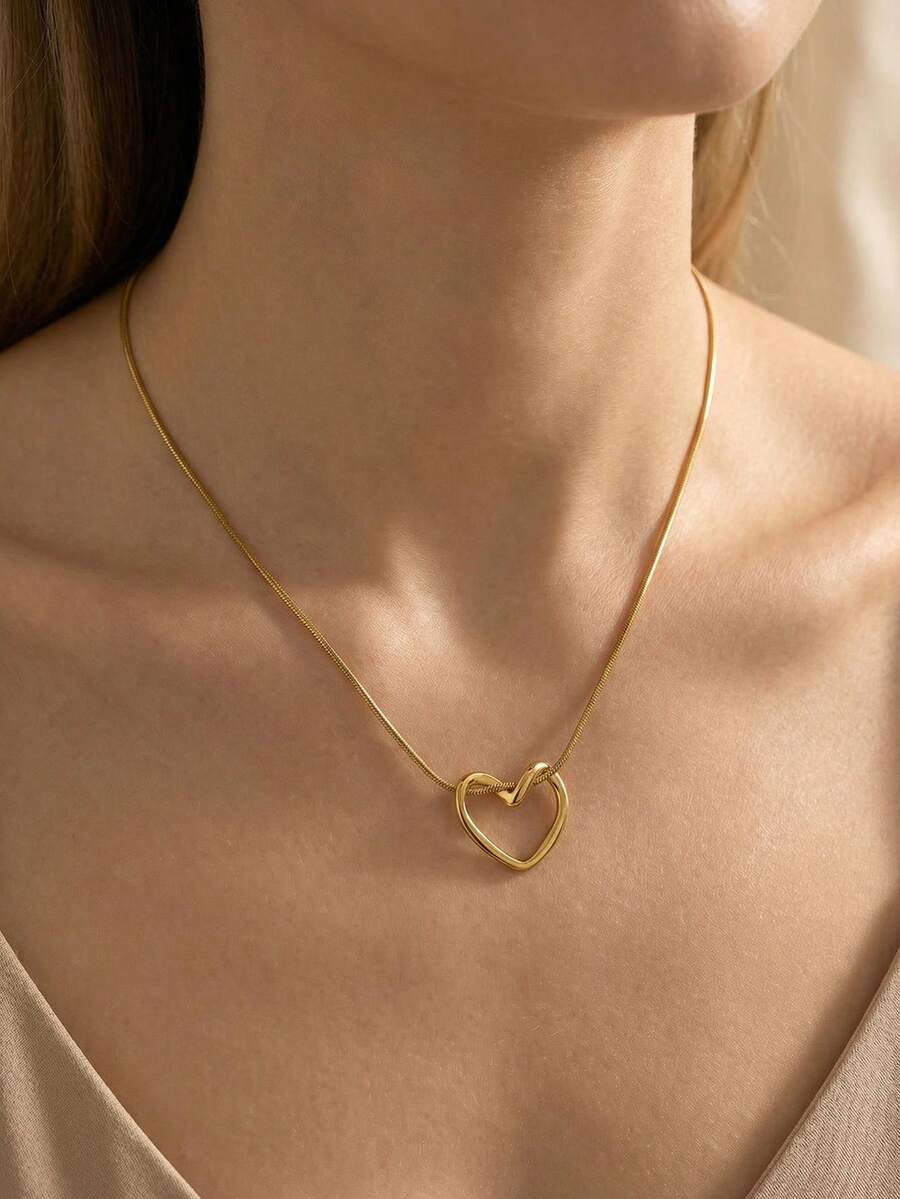 1件时尚简约不锈钢几何心形吊坠项链，低过敏性，适合叠戴，适合女性日常、约会、度假装扮和节日礼物 - 愛心 - 查看 1