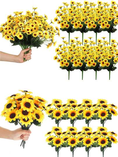 1束迷你仿真黄色向日葵，带茎，适用于家居装饰、派对、DIY婚礼花束、室内外装饰