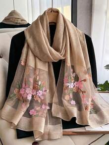 1pc Women's Elegant Hollow Faux Pearl Plaid Pattern Silk Scarf, Printed With Beautiful Flowers, Solid Color Shawl, Casual Headscarf And Neck Scarf, Suitable For Daily Wear And Summer Beach Sun Protection, Perfectly Matches Dresses, Suitable For All Seasons - Multicolor - View 3