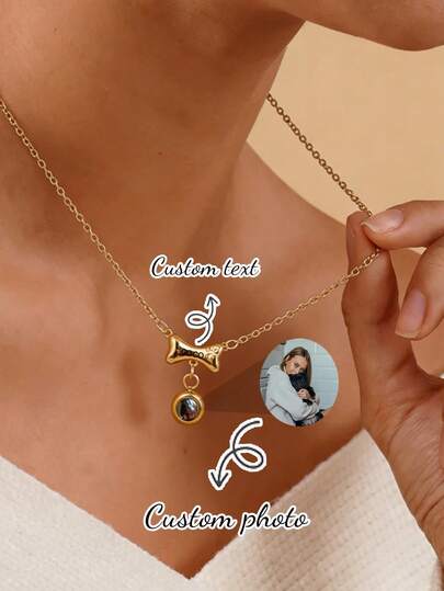 1pc Customized Text/Photo Necklace, Stainless Steel Personalized Engraved Dog Bone Projection Pendant, Pet Memorial Jewelry Gift For Dog Lovers, Suitable For Daily Wear, Birthday, Anniversary, Wedding, Graduation, Beach, Party