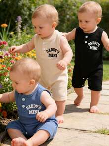 3pcs,Cute Baby Boy Clothes,Casual,Stylish,Soft,Comfortable,"DADDY'S MINI"Slogan Print Button-Up Crew Neck Sleeveless Jumpsuit - Multicolor - View 5