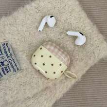 极简棕色格子黄色底星形挂环耳机保护套，兼容 Pro 3、新款Pro 2、可爱苹果4代耳机，简约时尚，女士耳机保护套（1/2代） - 乳黃色 - 查看 2