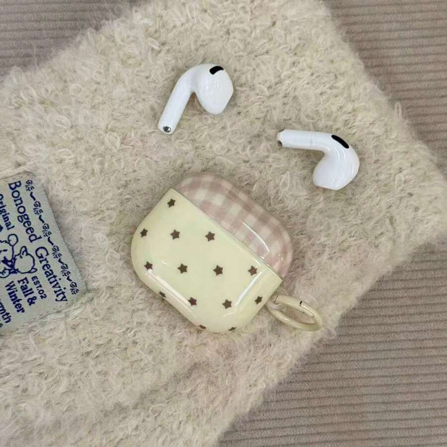 极简棕色格子黄色底星形挂环耳机保护套，兼容 Pro 3、新款Pro 2、可爱苹果4代耳机，简约时尚，女士耳机保护套（1/2代）