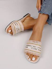 Beaded Fringe Slide Sandals For Teens - Embroidered Boho Flat Slippers, Summer Shoes - Beige - View 7