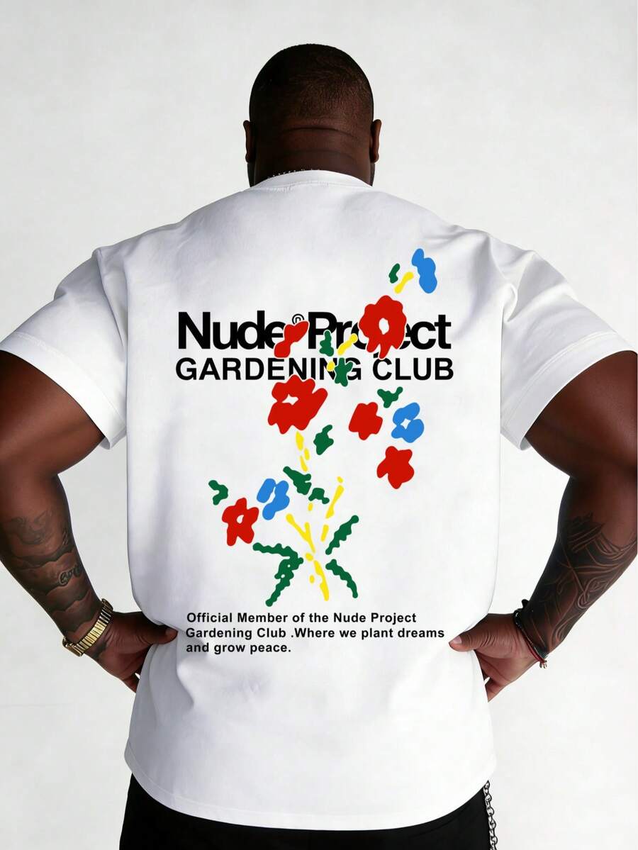 AnChiStreetwear - 大码男士时尚抽象花卉涂鸦印花休闲短袖T恤，适合日常、街头、户外穿着 - 白色 - 查看 1