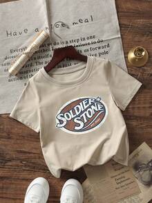 1件婴儿/幼儿男童创意卡通图案字母标语印花基本款圆领短袖T恤，休闲时尚 - 杏色 - 查看 2