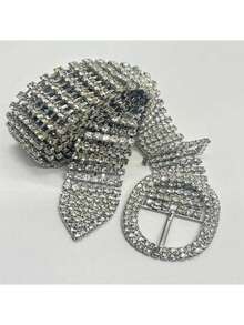 Party Full Rhinestone Women's Waist Belt, Fashionable All-Match Bling Rhinestone Studded Leather Belt, Decorative Accessory For Dress, S Halloween Summer, School Fall, Autumn, Halloween - Silver - View 6
