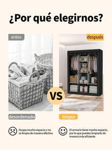 Organizador de ropa de armario portátil Cubierta no tejida con 6 estantes de almacenamiento, 2 secciones colgantes Negro - Negro - Ver 3