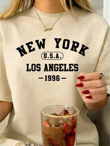 New York Los Angeles Independence Day Graphic Tee Independence Day Shirt Y2k Woman Teen Girls Tee,Vintage Print Top, Funny Cute Graphic Letter Tee Crew Neck Cool Summer Shirt Short Sleeve Top,Animal Fruite Pet Pattern, Women Graphic-Shirt, Fashion 2025,Gifts, Women's Clothing, Cartoon And Letter Printing, Comfortable Cotton Material, Skin Friendly, Soft And Cool, Spring Summer Women's-Shirt ClothingSports Short Sleeves - 杏色 - 查看 2
