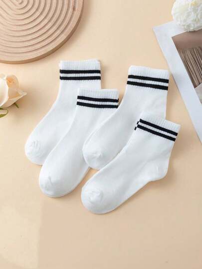 4 đôi tất trẻ em/thanh thiếu niên kẻ sọc đen trắng, cao đến bắp chân, tất thể thao thoáng khí thích hợp cho trường học, bóng đá, mặc thường ngày.