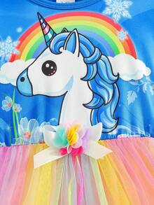 coviviky 女童独角兽花卉印花彩虹网纱及膝短袖连衣裙，可爱梦幻 - 藍色 - 查看 4