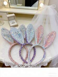 1pc New Cute Rabbit Ear Sequin Headband Hair Accessories, Women Hair Hoop Rabbit Ear Hair Clip - View 6