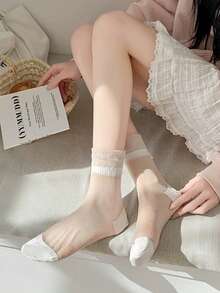 1/3 Pairs Summer Ultra-Thin Transparent Crystal Socks, Ins Lolita Style Thin Glass Silk Socks For Women, With Sweet Bow Decor Mid-Calf Socks, Breathable Mesh Polka Dot Transparent Socks, Cute Socks For Girls, Suitable For Spring, Summer, Autumn And Winter. Breathable Mesh, Moisture-Wicking And Quick-Drying, Soft And Smooth. Can Be Worn All Year Round In Various Occasions Such As Festivals, Sports, Leisure, Business And More. - Multicolor - View 6