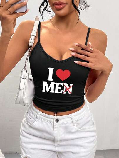 女士“我❤️我自己”印花吊带背心，休闲V领细肩带露脐上衣